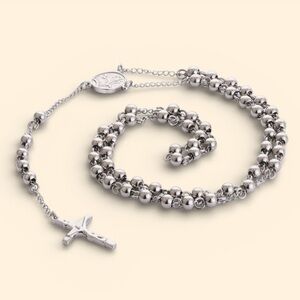 Elegant Silver Crucifix Holy Virgin Mary Medal Beaded Rosary Necklace